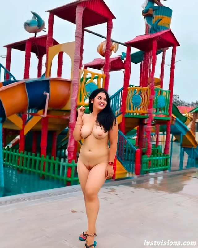 Happy naked Bengali Indian woman posing in front of vibrant water slides at Prime Beach Resort