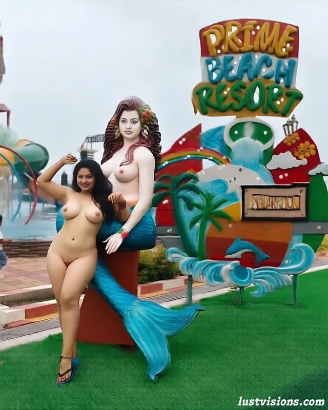 Playful nude Bengali woman posing with mermaid statue at Prime Beach Resort entrance