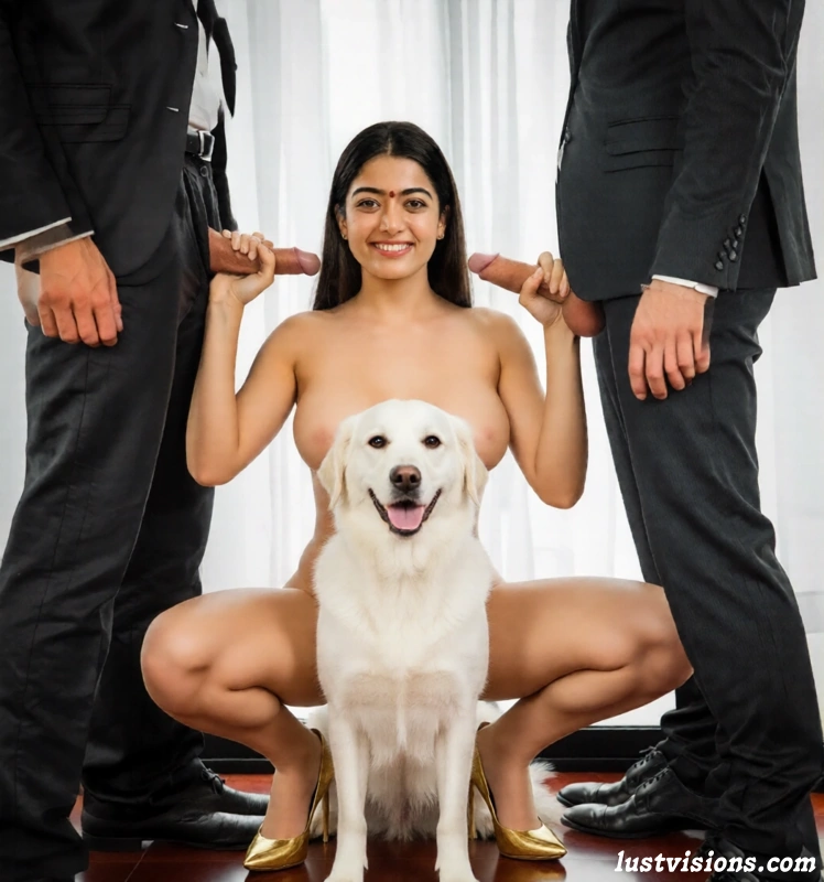 Image Bollywood Actress Rashmika Mandanna nude crouching with white Pet dog and Giving Handjob to two suited men Threesome Porn Pic